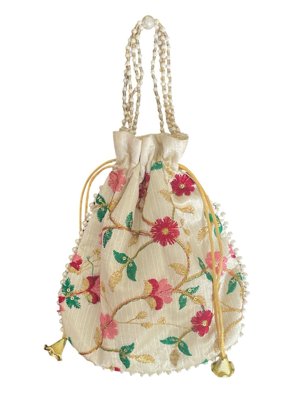 Ivory Floral Embroidered Drawstring Mini Bag with Pearl Strap